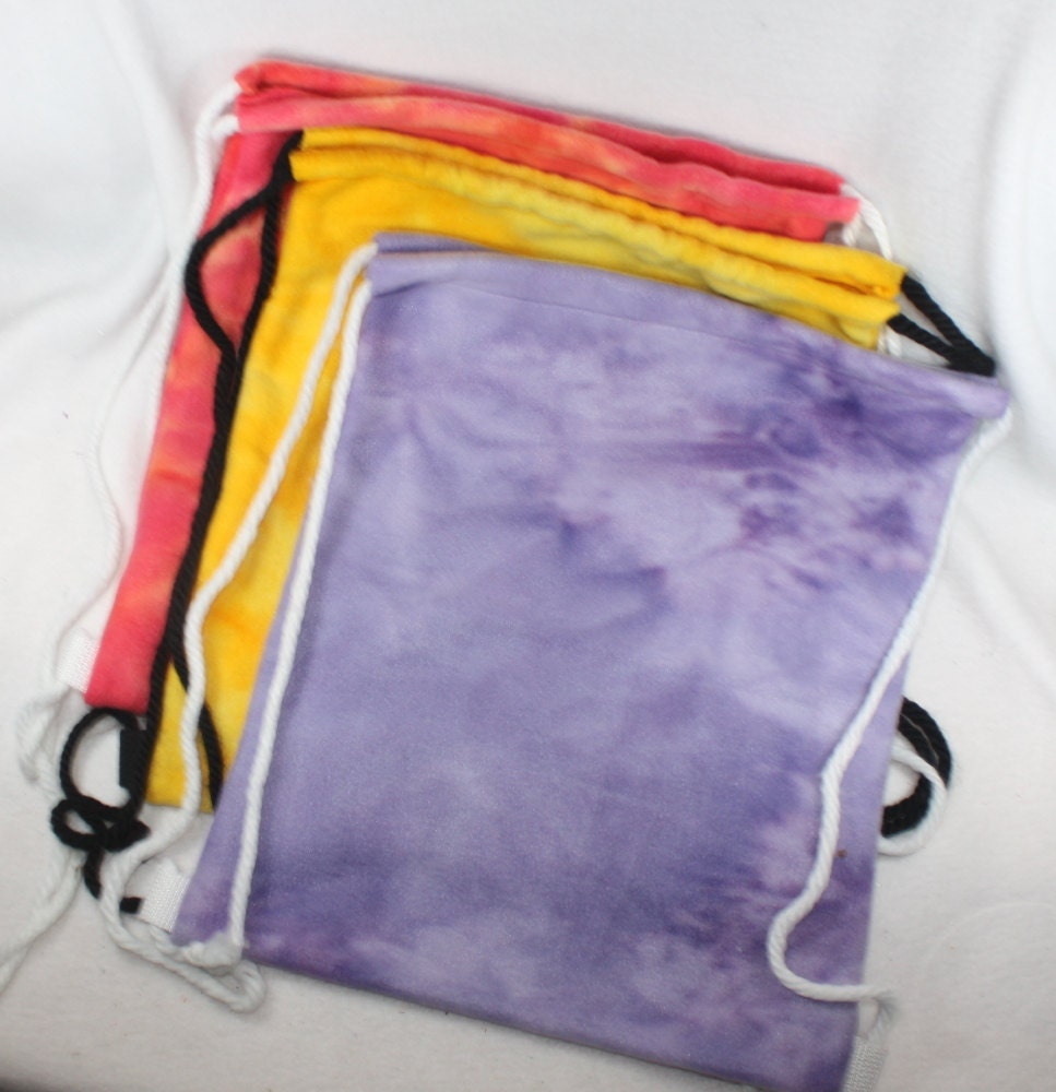 3 tie-dye/batik effect fleece draw-string backpacks - gym bag, organizing, purple, yellow, orange