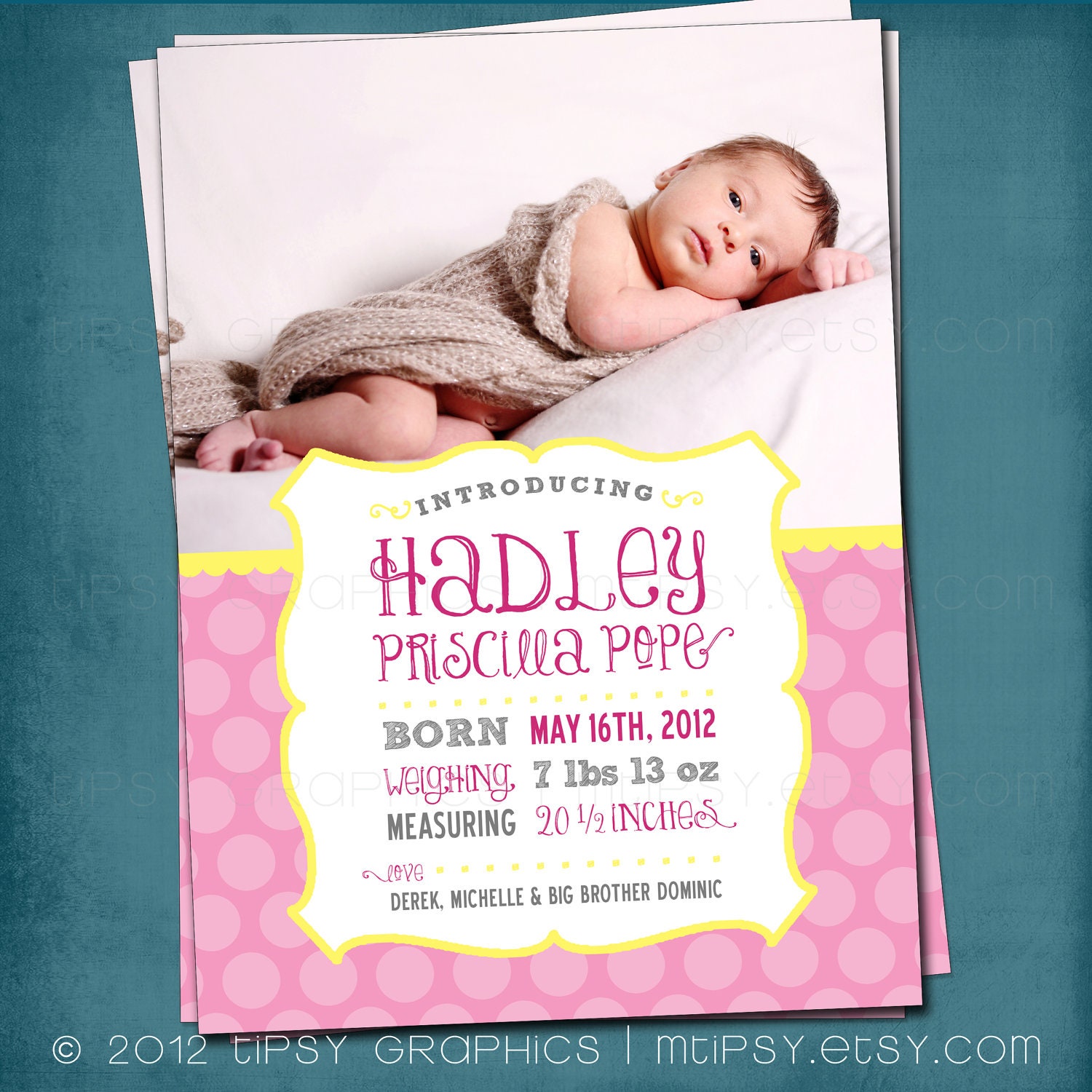 Pretty Polka Dot Birth Announcement or Invite by Tipsy Graphics. Any colors for 1 or more photos Il_570xn