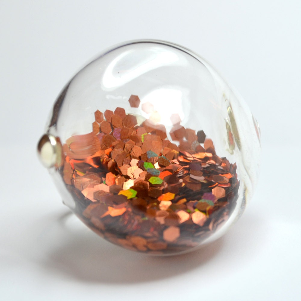 Copper color bold hexagon glitter in round blown glass silver tone big Ring