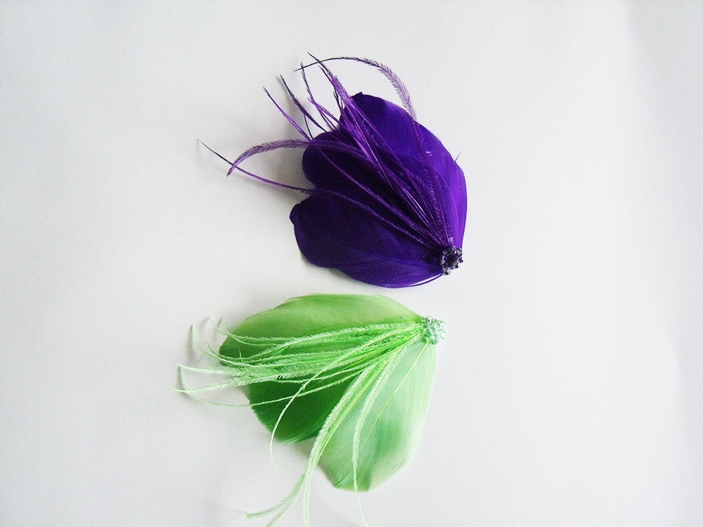 Small Bridal Purple Plum and Lime Green Feather Fascinators With Ostrich And Crystal Accents