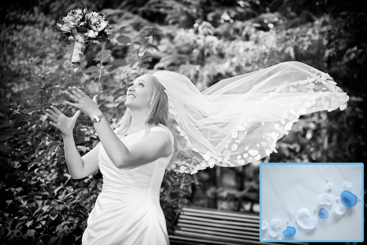Bridal Veil Fingertip 45" Inch Bridal Veil with Colored Petals and Crystals