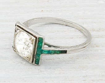 1.20 Carat Diamond and Emerald Vintage Engagement Ring