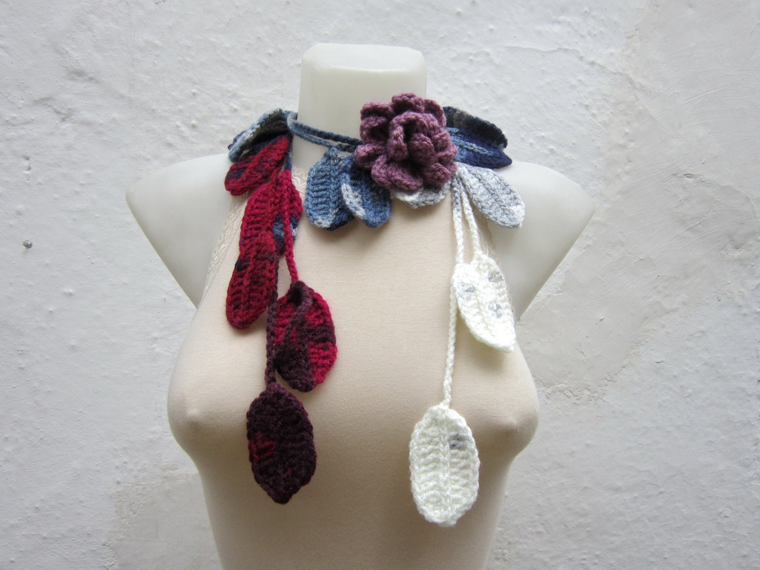 Removeable Brooch Pin Hand crochet Lariat Scarf  Grey White Burgundy  Lilac Flower Lariat Scarf Colorful Variegated Long Necklace  winter