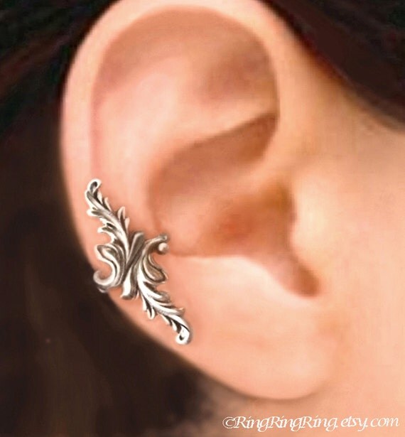 925, Double feather - solid Sterling silver ear cuff earring jewelry - non pierced earcuff  100112