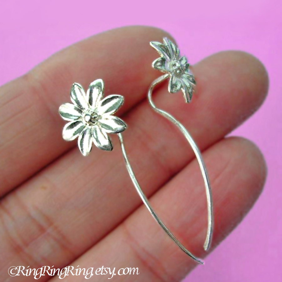 925. Daisy long stem earrings - Unique studs flower sterling silver jewelry 101712