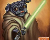 Jedi Pug - 8x8 art print - black pug dog dressed up like yoda holding a lightsaber