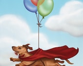 Superwiener - 8 x 10 art print - dachshund dog dressed up like superman with balloons and a cape in the sky