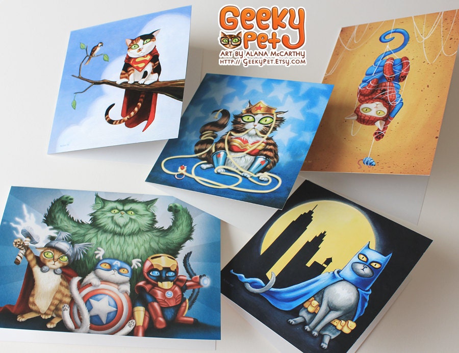 Geeky Pet Superhero Greeting Cards - 2 5x7 & 3 5x5 cards with envelopes featuring superhero cat images