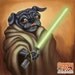 Jedi Pug - 8x8 art print - black pug dog dressed up like yoda holding a lightsaber