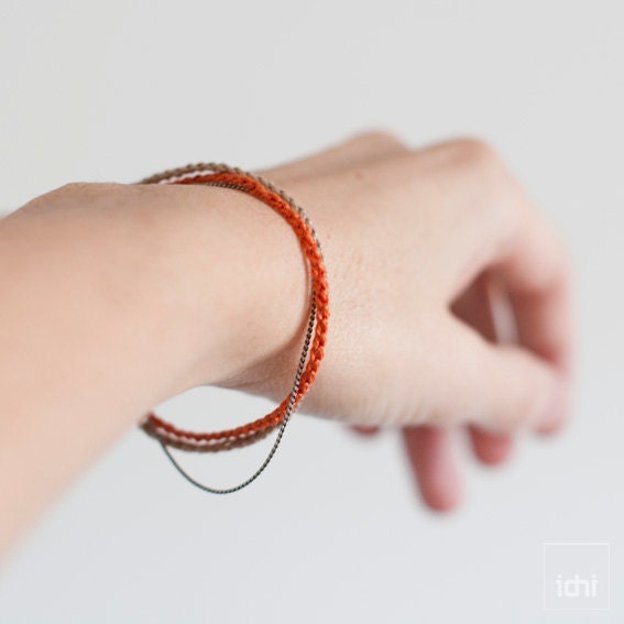 Crochet bracelet combined with metal chain . Orange & Beig .