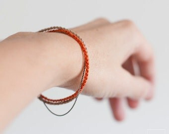 Crochet bracelet combined with metal chain . Orange & Beig .