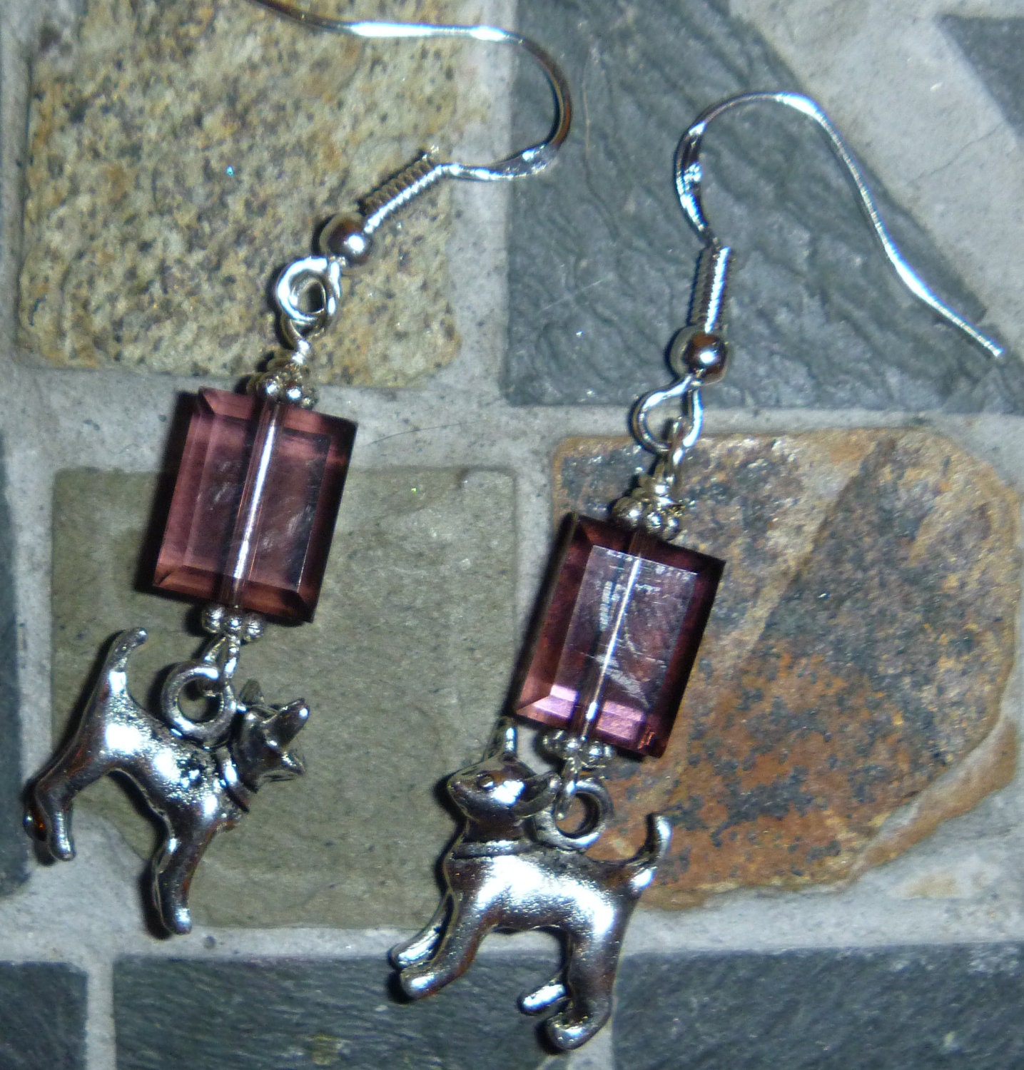 Chihuahua earrings with purple rectangle crystal beads