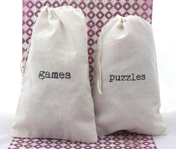 NEW - Set of 4 Game and Puzzle Bags - labeled games / puzzles - Cotton Drawstring Storage Sacks / Bags - Reusable and Perfect for storage Il_570xn