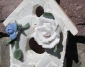Porcelain Mosaic Birdhouse . Recycled Broken China . White Floral Ceramic . Shabby Chic . Handmade