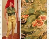 GORGEOUS 1950's Chartreuse Green Silk Brocade Asian Hourglass Blouse w/ Metallic Gold Floral & Asian Characters Motif - Mint - Size M to L