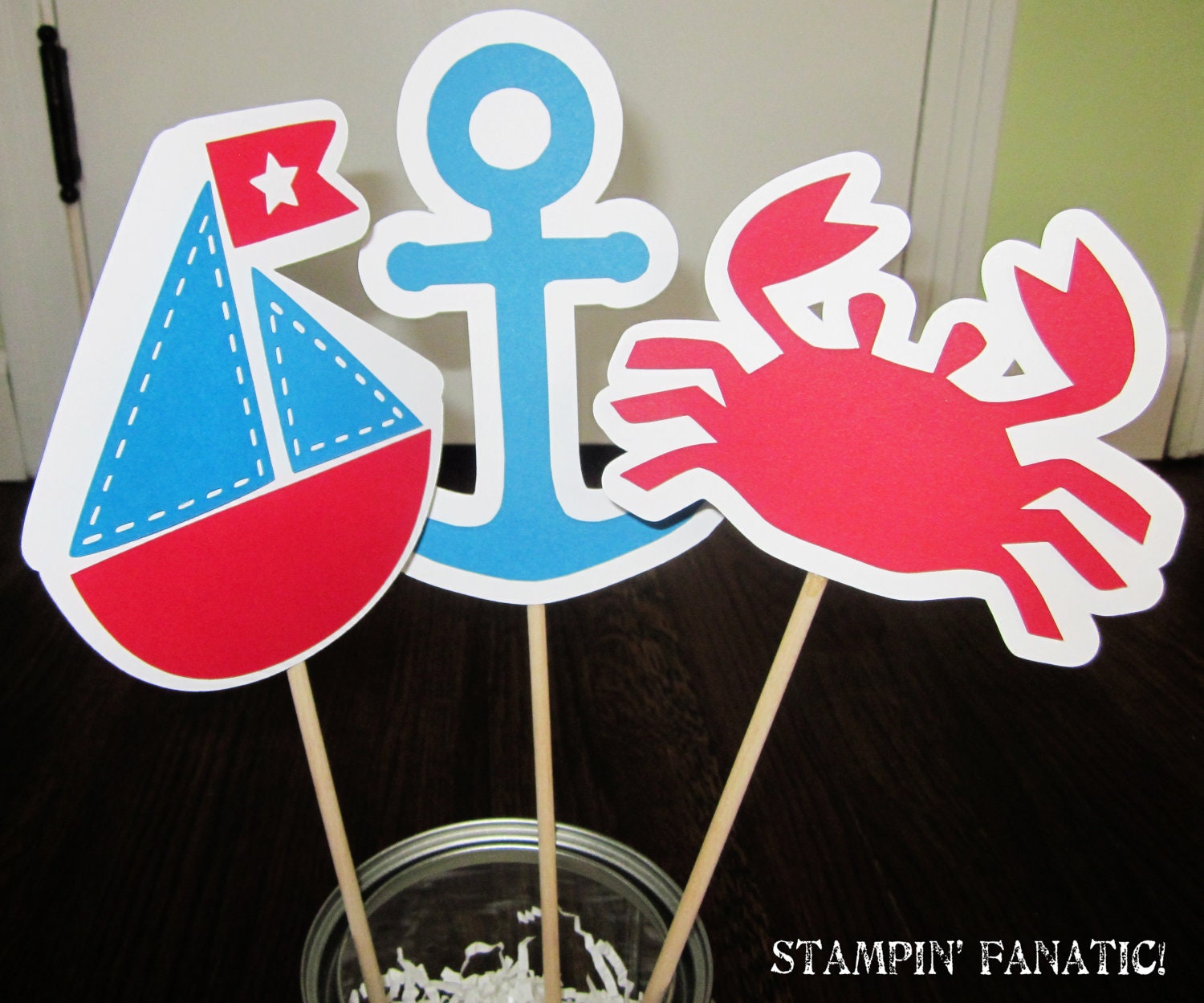 Sailing Boy Collection: Set of 3 Centerpiece Flags/Cake Toppers. Table Decor for Nautical Birthday. Anchor, Crab, Sailboat.