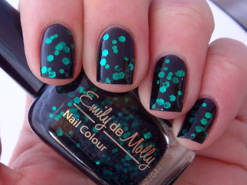 Nail polish - "Black Forest" emerald green glitter in a black jelly base
