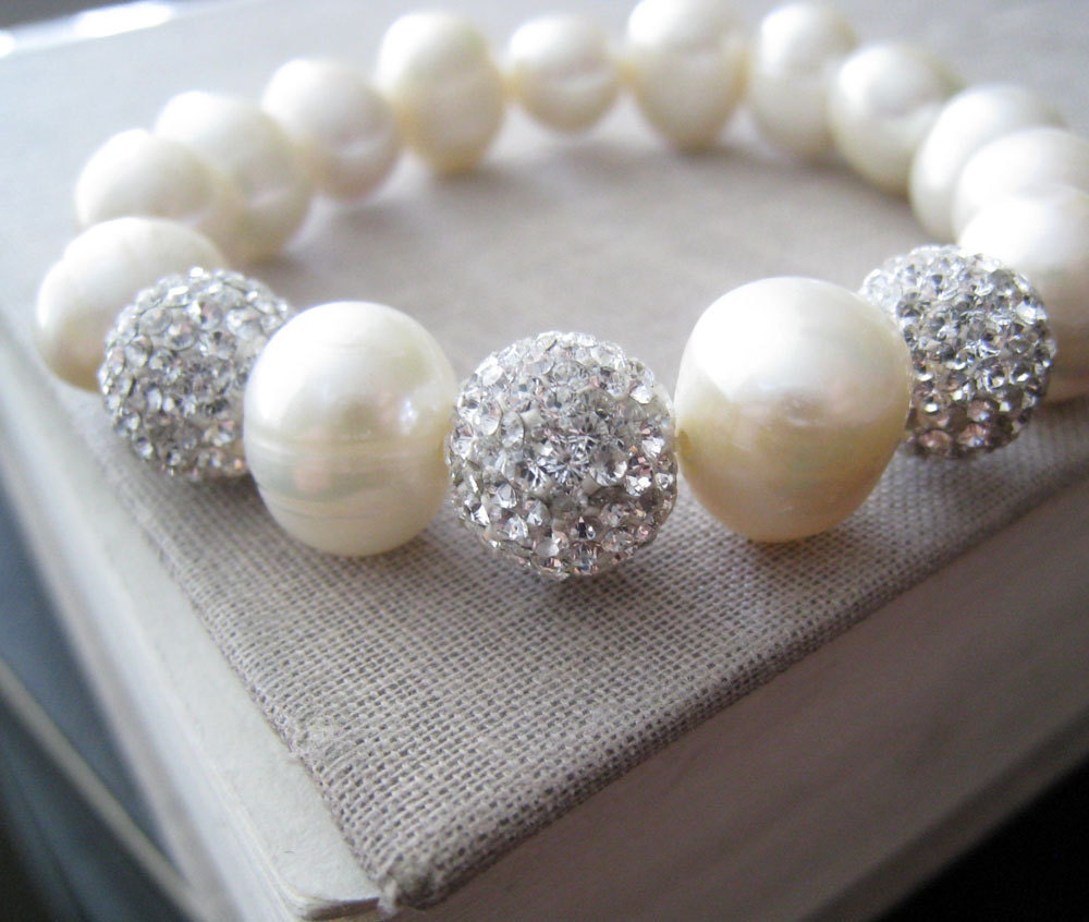Pearl and crystal ball bracelet, crystal pave bead, bridesmaid pearl bracelet, weddings