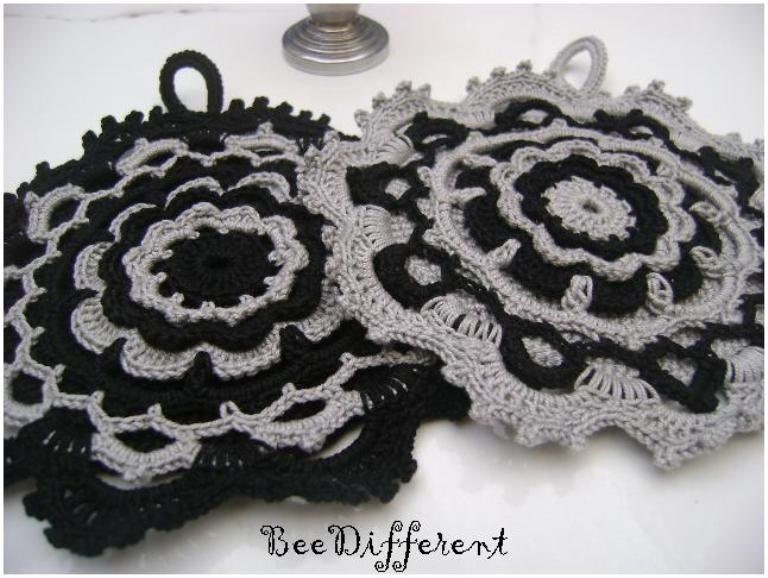 Set of 2 Crocheted Pot Holders Black/Grey- Home Decor