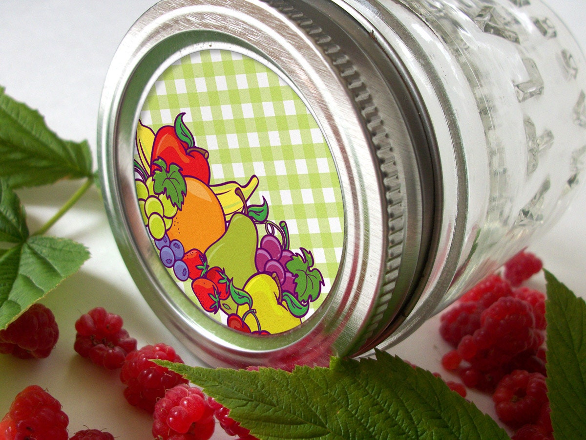 Big Fruit Canning Jar labels, 2 inch round stickers for mason jars, fruit preservation, jam and jelly