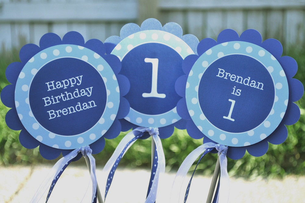 3 Centerpiece Sticks Boys Birthday Party - Dark Blue and Light Blue Polkadot - Birthday Party Decorations