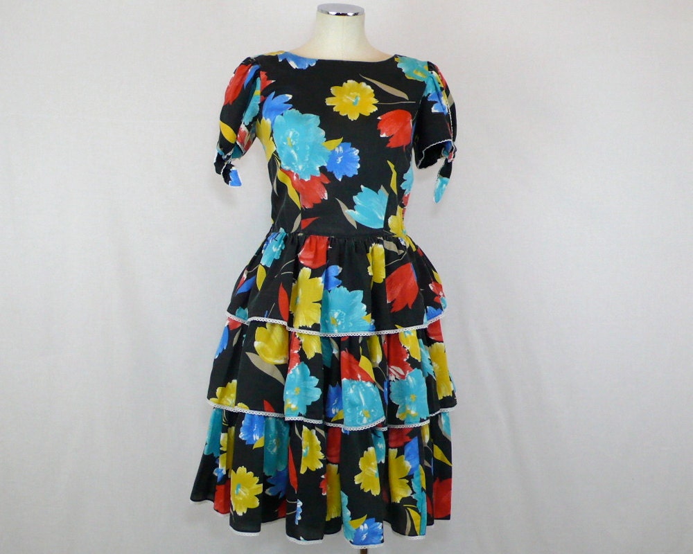 1980s Tiered Floral Dress - Black with Multicolor Flowers - small to medium