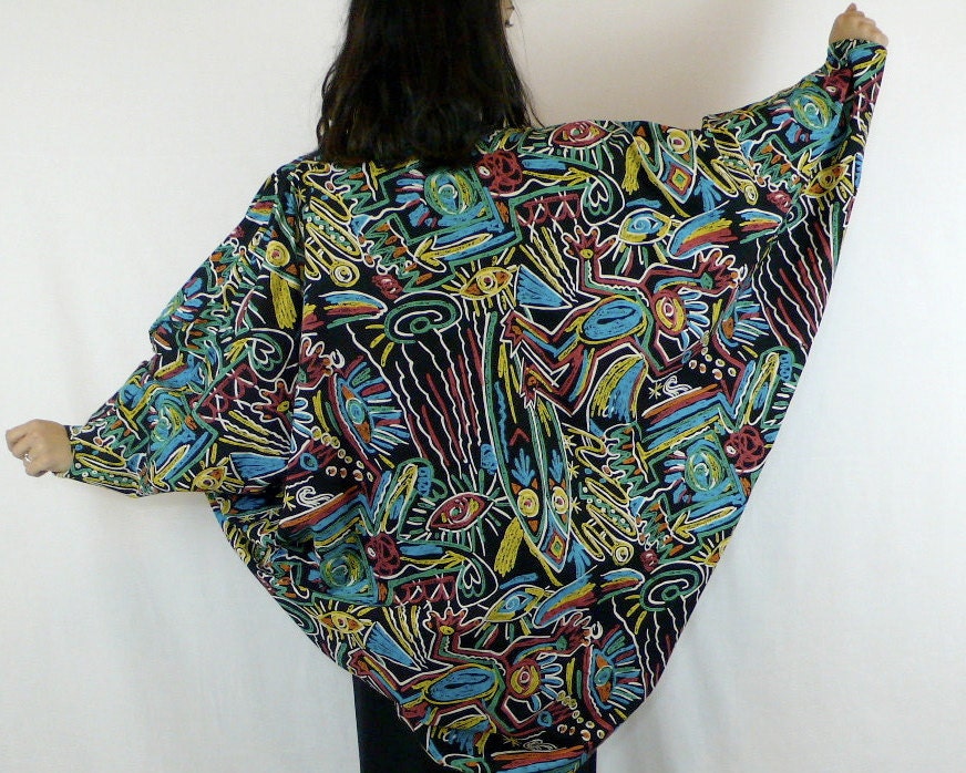1980s Cocoon Jacket with Crazy Print - Abstract Eyes & People - xs to large - FREE SHIP in US