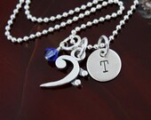 Bass Clef Necklace - Music / Musician / Singer  -  Sterling Silver Hand Stamped  Initial Necklace