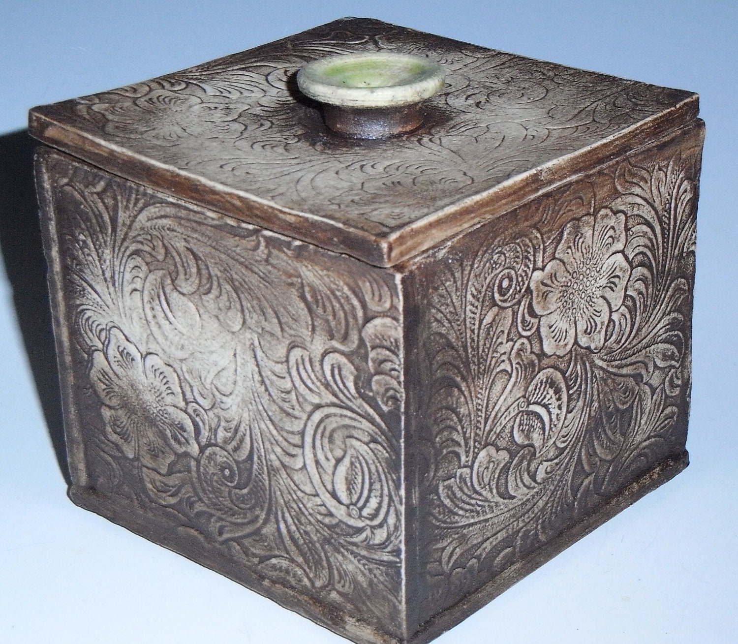 Hand Built  Tooled Leather Look Textured Ceramic Treasure Gratitude Box