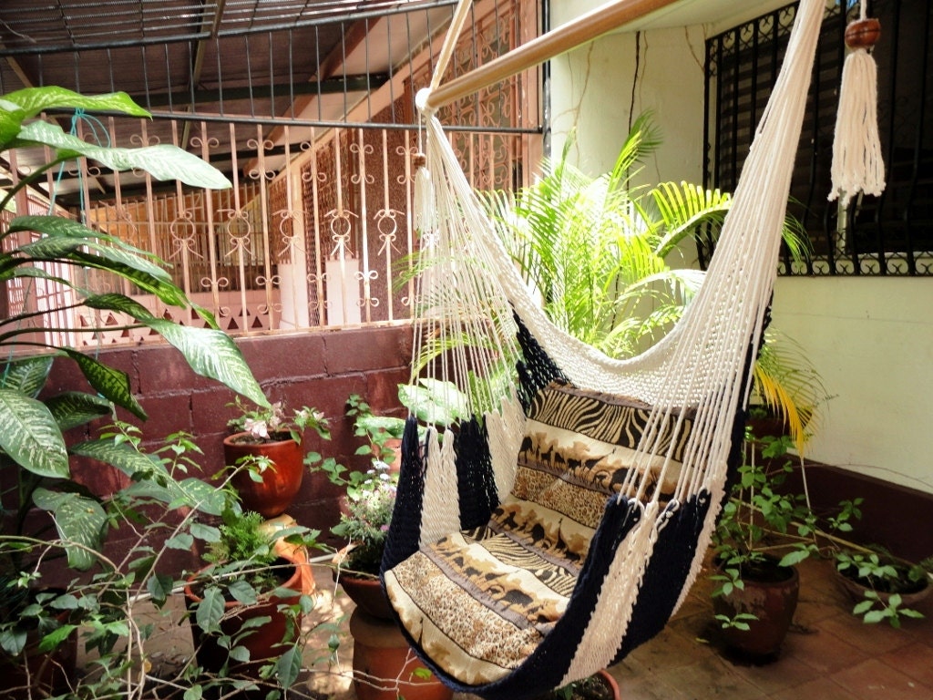Beige and Navy Sitting Hammock, Hanging Chair Natural Cotton and Wood
