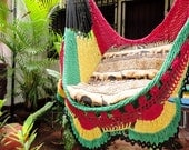 Red Yellow and Green Rasta Sitting Hammock, Hanging Chair Natural Cotton and Wood Plus Simple Fringe