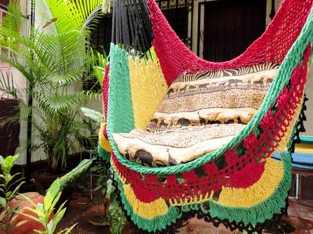 Red Yellow and Green Rasta Sitting Hammock, Hanging Chair Natural Cotton and Wood Plus Simple Fringe