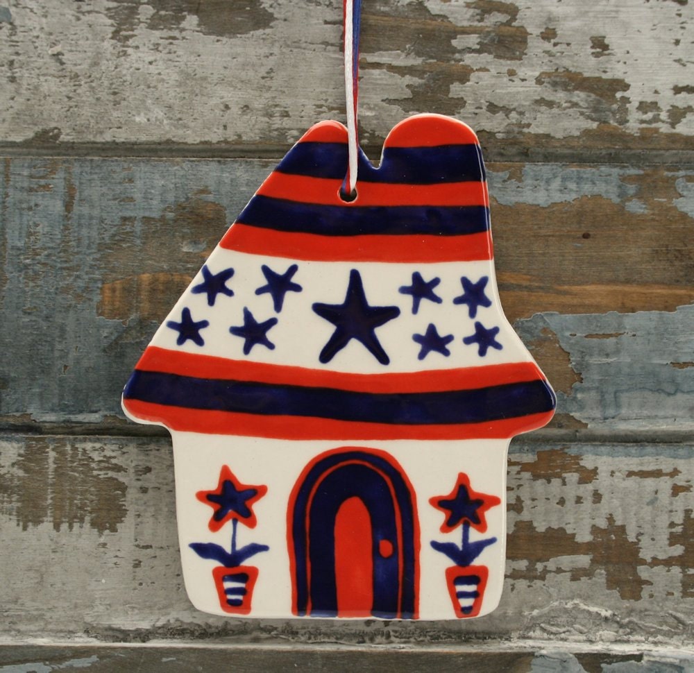 American Bird House Ornament Cottage Ceramic Hand Painted