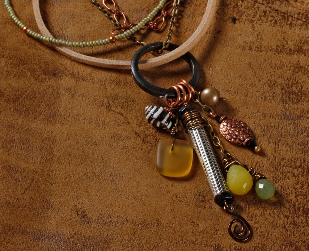 Boho cluster necklace: sea glass, shell, pearl, jade, copper, wire wrapped metal tube, suede, chain