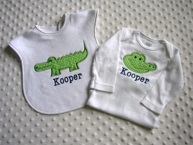 Baby Boy 2 PC Gift Set, Embroidered Bib and Bodysuit, Alligator Applique Personalized with Child's Name