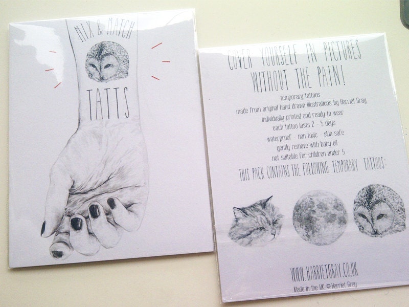 temporary tattoos - the owl and the pussycat - set of three fake tatts