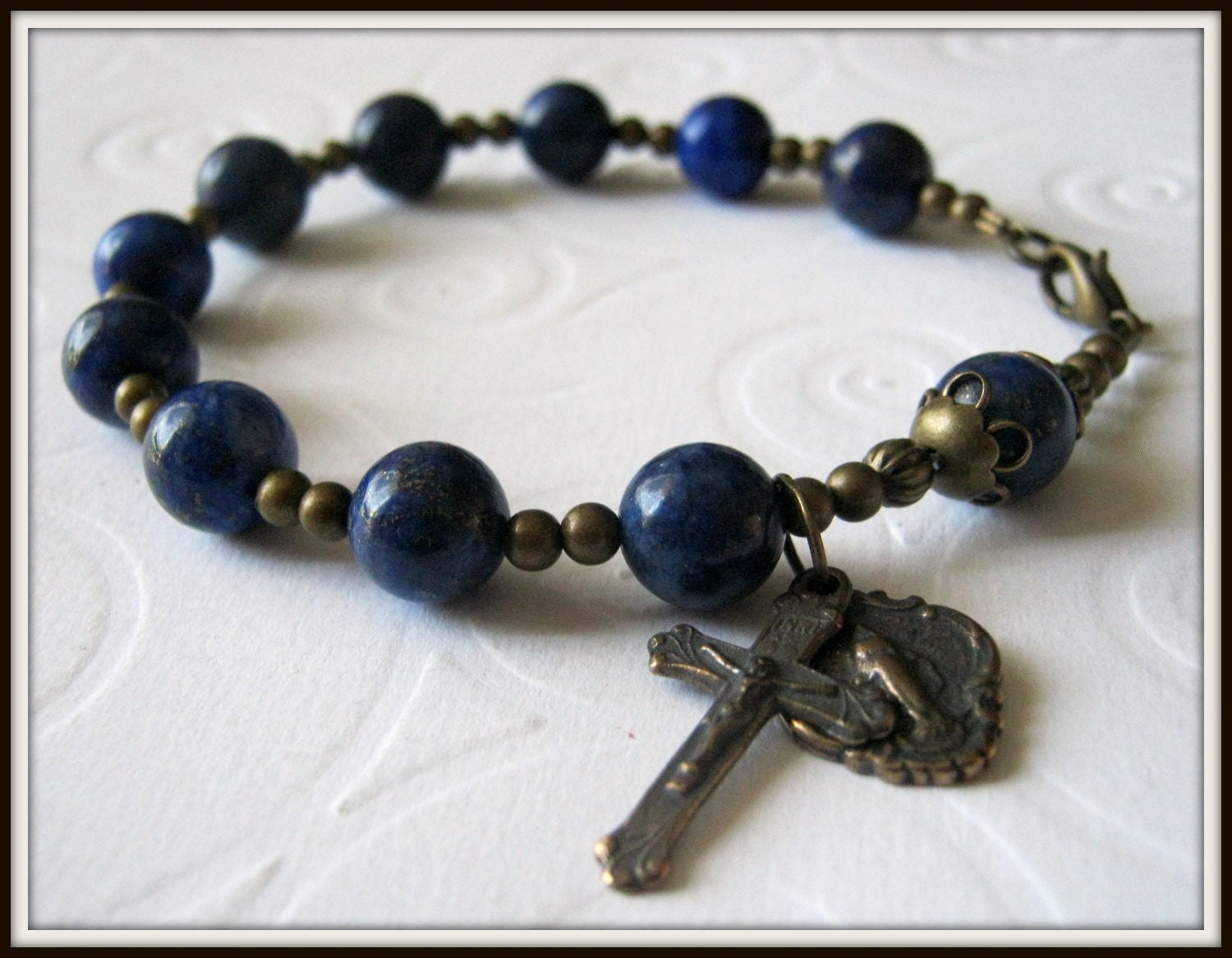 Blue Lapis Lazuli Gemstone Catholic Rosary Bracelet w/ Bronze Miraculous Medal