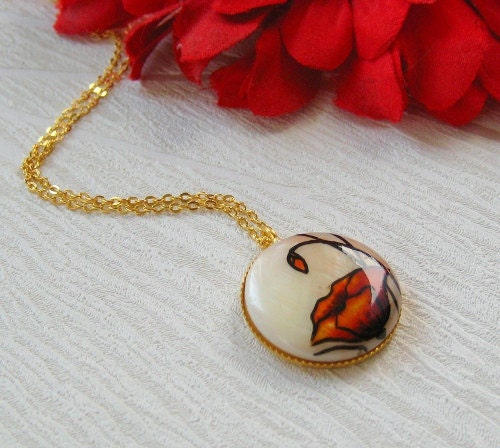 Red Poppy Necklace Painted by hand - red flower pendant - artisan jewelry - everyday jewelry - flower jewelry