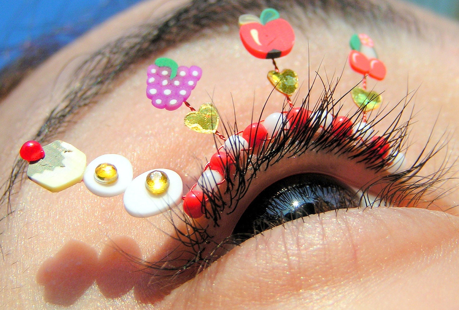 Summer Picnic Eyelash Jewelry - false eyelashes with miniature fruit, cherries, apples, grapes, eggs