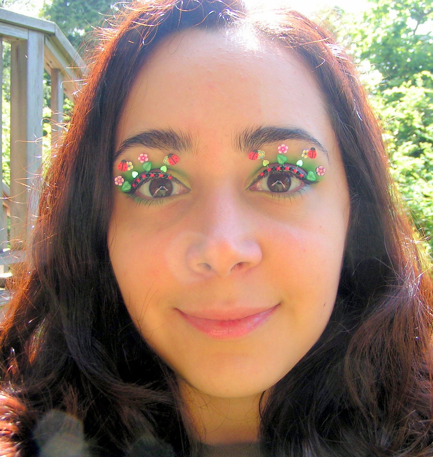 Lady Bug Fairy Garden Eyelash Jewelry - false eyelashes with miniature flowers, ladybugs