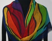 Hand Painted Silk Scarf Navy Rainbow. Scarf in Blue, Red, Yellow, Green. Size LARGE 14x70. Silk Scarves Colorado. 100% silk. Made to order.