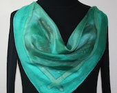 Hand Painted Silk Scarf Green Ripples. Silk Scarf in Green, Emerald, Silver Green. Size 21x21. Made in Colorado. 100% silk. MADE TO ORDER