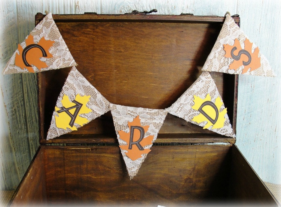 Rustic Autumn Wedding CARDS Bunting Mustard Yellow Fall Leaves Burlap Banner, Pennant String, Lace Garland Reception Decoration