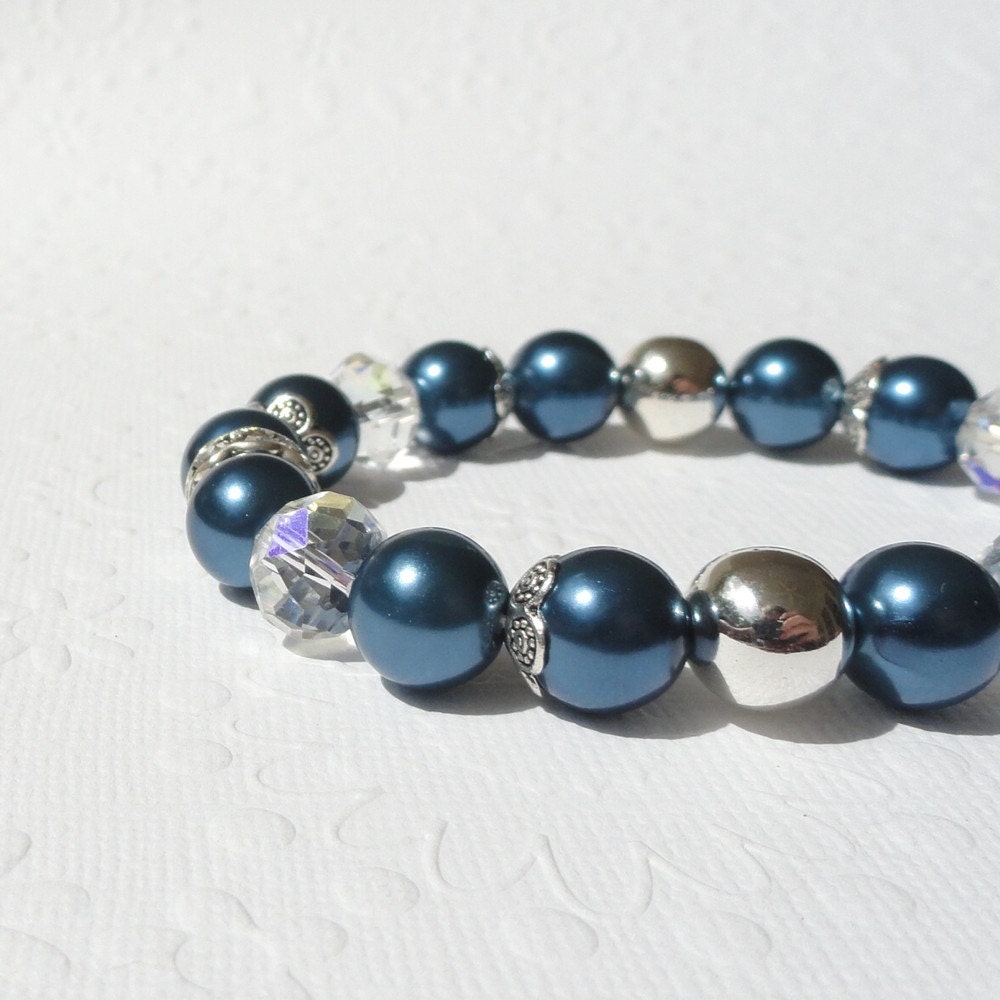 Blue and Silver Stacking Bracelet, Navy Blue Pearl and Clear Crystal Beaded Bracelet with Silver