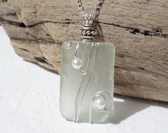 Seafoam Green Sea Glass Wire Wrapped Necklace, English Sea Glass Seafoam Green Wire Wrapped Pendant