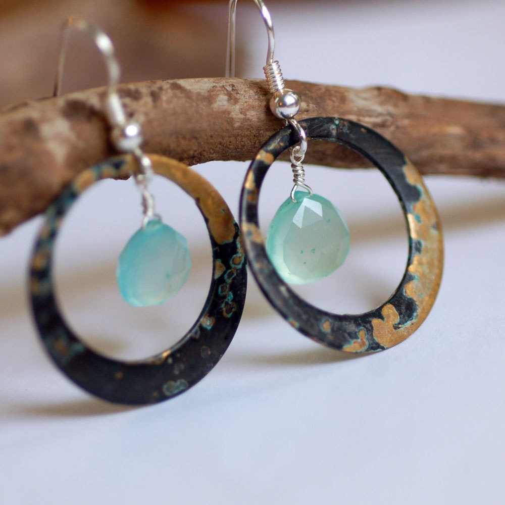 floating raindrops... blue chalcedony and brass patina earrings