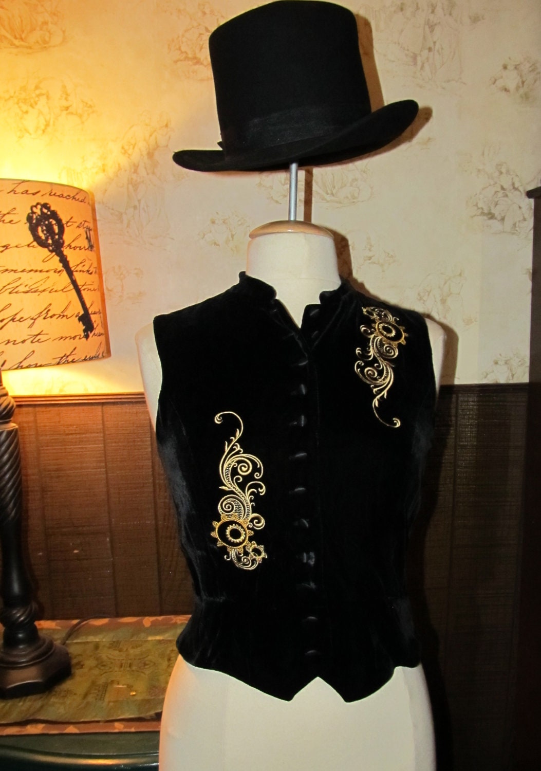 Women's Small Black Velvet STEAMPUNK Vest top with gears and swirls embroidery