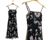 70s 80s Black Floral Pleated Midi Dress Sz xxs