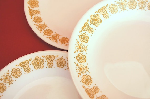 Set of 6 Vintage Corelle Butterfly Gold Dessert Plates or Bread and Butter Plates with Gold Flowers and Butterflies