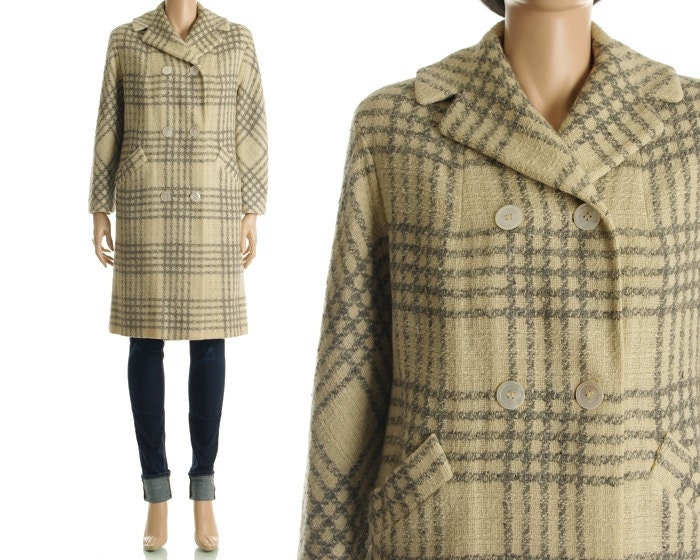 Vintage 50s 60s Coat - Camel Beige Plaid Tweed Wool Fitted Jacket - M